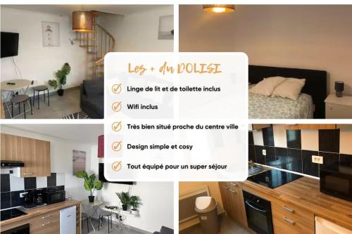 eine Collage mit Fotos von einem Schlafzimmer und einem Wohnzimmer in der Unterkunft Dolisie, charming 2 rooms 20 minutes from Paris in Le Blanc-Mesnil