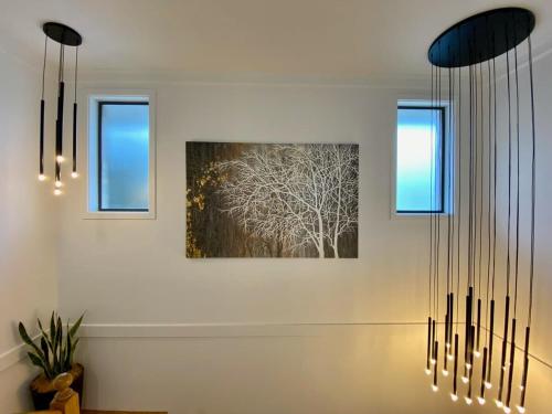 two chandeliers hanging from the ceiling in a room at New Spacious Luxury 5 Bedroom Mansion in Unley in Unley