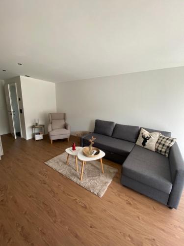 a living room with a couch and a table at Heimatli - moderne Ferienwohnung im Sörenberg in Sörenberg