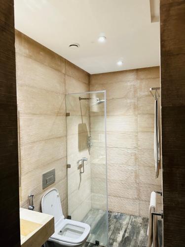 アガディールにあるHotel STAY INNのトイレとガラスのシャワー付きのバスルーム