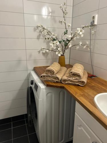 a bathroom with a washing machine and a counter with towels at Oppdag Tromsø fra vår leilighet! in Tromsø
