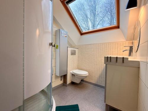 a bathroom with a toilet and a window at Apartment 6 prsn avec Terrasse Proche Centre-ville in Besançon