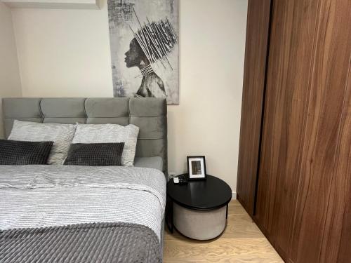 a bedroom with a bed and a table next to it at Belgrade Waterfront River View Apartments in Belgrade
