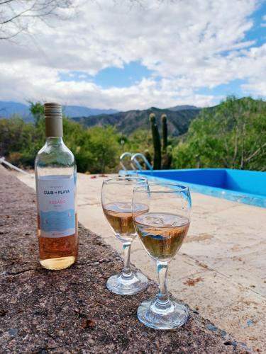 two wine glasses sitting next to a bottle of wine at Las Valentinas Hospedaje de Montaña in Chilecito