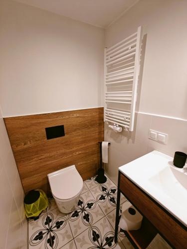 a bathroom with a toilet and a sink at Winnica NOVI - apartamenty in Cianowice Duże