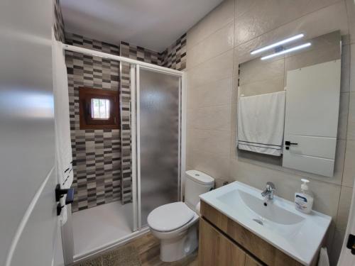 a bathroom with a toilet and a sink and a shower at El Descanso de Baba Yaga in Soportújar