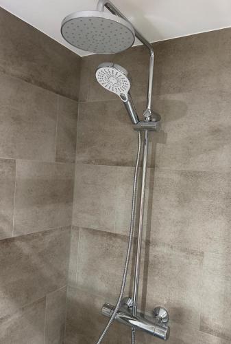 a shower with a shower head in a bathroom at Alpen Studio Ellmau III in Ellmau