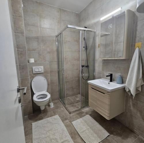 een badkamer met een douche, een toilet en een wastafel bij Apartman Gong in Divčibare