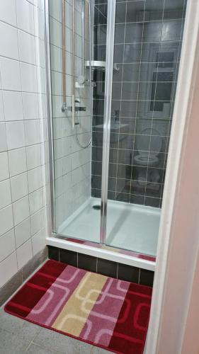 a bathroom with a shower with a rug on the floor at Baraka Altmore in London