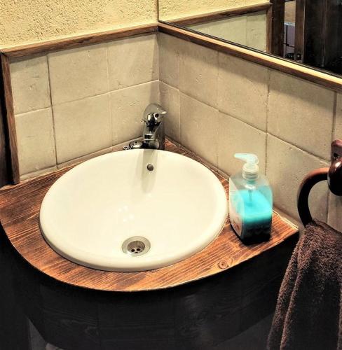 La salle de bains est pourvue d'un lavabo blanc et d'un distributeur de savon. dans l'établissement Acogedor apartamento en Font Romeu-Via I, à Font-Romeu