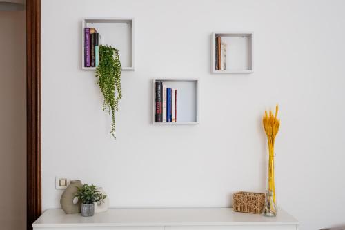a white wall with three books and plants on it at Case da Amare - Casa Tobia in Alassio