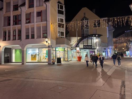 Un groupe de personnes marchant dans une rue la nuit dans l'établissement Marechaux, à Mulhouse