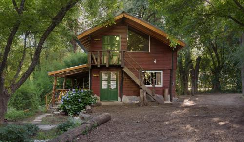 una cabaña en el bosque con una puerta verde en HOSTEL CASA C Alojamiento, Coworking y Centro Cultural, en Villa General Belgrano