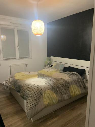 une chambre avec deux lits et un lustre dans l'établissement Loue Maison événement circuit 24 heures Le Mans, à La Suze-sur-Sarthe