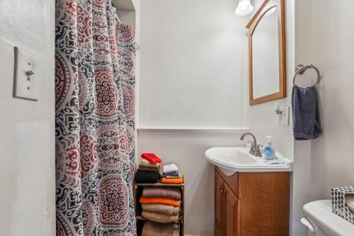 a bathroom with a shower curtain and a sink at Cottage Inn The Woods -- Pond, Pet Friendly, Grill, Wifi, Fire Pit, Deck, Screen Porch, Fireplace, Private in Berkeley Springs