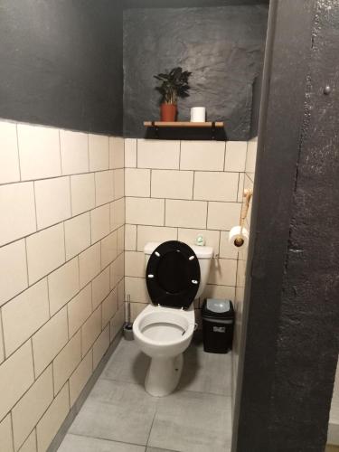 La salle de bains est pourvue de toilettes noires et d'un siège noir. dans l'établissement Eco domaine 12hectares meublé pour 6 personnes, à Plouray