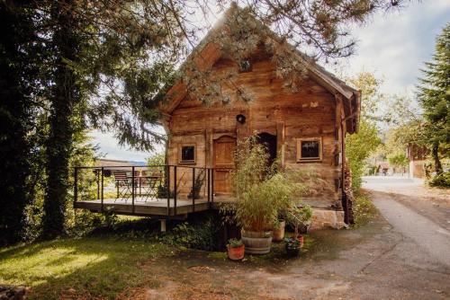 a log cabin with a porch and a deck at La Borbiatte in Montavon