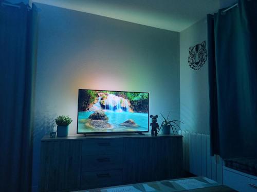 - une télévision à écran plat assise sur une commode dans l'établissement Appart Mémorial 2-4pers, à Caen