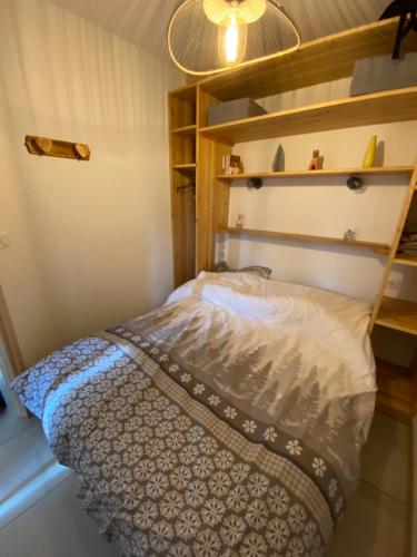 - une petite chambre avec un lit et une étagère dans l'établissement La joue du loup, à Saint-Étienne-en-Dévoluy