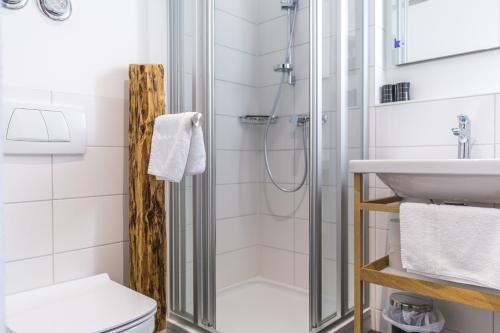 ein Bad mit einer Dusche, einem WC und einem Waschbecken in der Unterkunft Kuckucksnester Titisee in Titisee-Neustadt