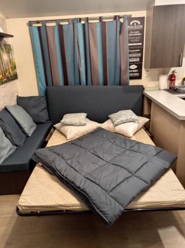 Ce lit se trouve dans un dortoir doté d'un futon. dans l'établissement Evasion en Champagne, proche de Paris et des 2 Parcs, à Verdelot