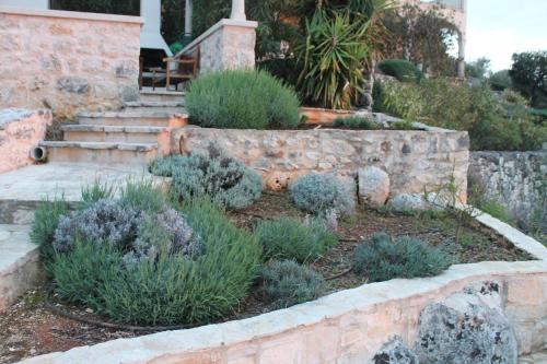 een tuin met planten en een stenen muur bij Villa Convalaria in Sutivan