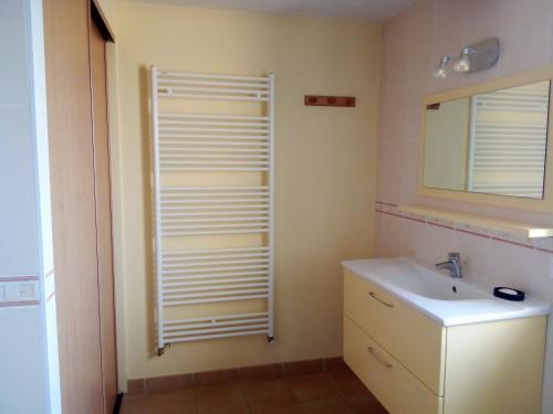 a bathroom with a sink and a mirror at Chez Steph in Saint-Germain-Nuelles