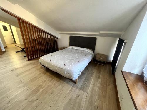 une chambre avec un lit et un parquet dans l'établissement Montferrand Dortoir, à Clermont-Ferrand