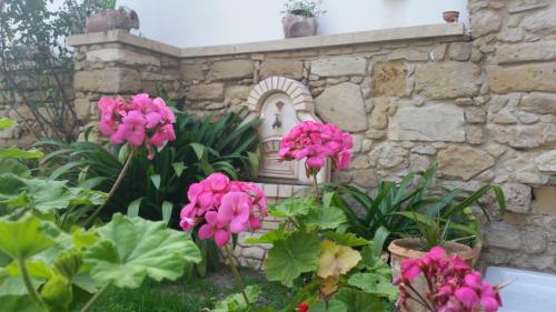 a garden with pink flowers and a stone wall at Alkisti City Hotel in Larnaka