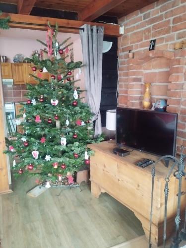 a christmas tree in a living room with a tv at Drevenica u Holtana in Oščadnica