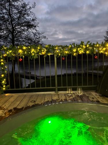 a small green pool on a deck at night at Panacea in Lazdijai