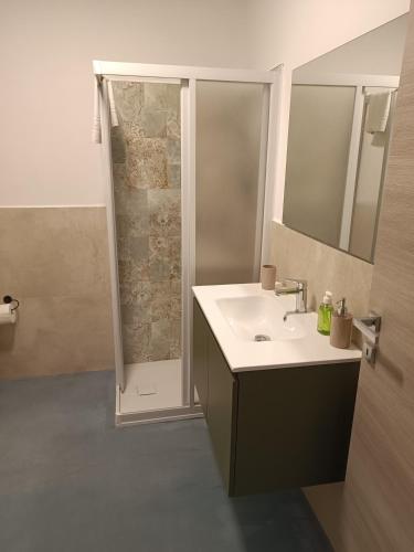 a bathroom with a sink and a shower at Caraceni Apartaments 1 in Castel di Sangro