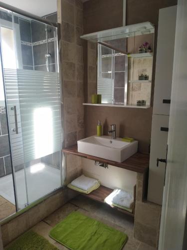 une salle de bain avec un lavabo et une douche dans l'établissement longere de charme, à Saint-Antoine-de-Breuilh