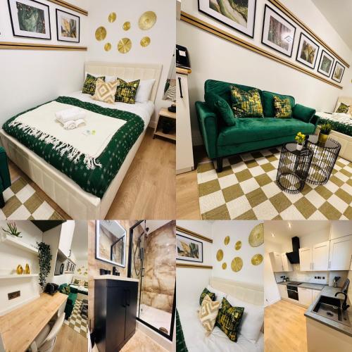 a collage of pictures of a room with a bed and a couch at Luxurious Private Room with Kitchenette near QE Hospital Harborne R5 in Birmingham