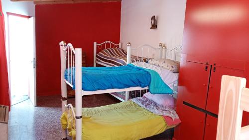 two bunk beds in a room with red walls at Maui Hostel in Mar del Plata