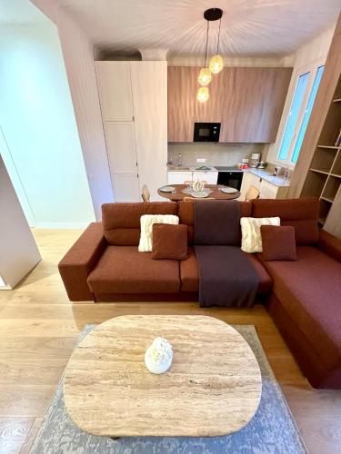 un salon avec un canapé marron et une table dans l'établissement Au port de Nice Sublime 2 pieces rénové a neuf climatisé, à Nice