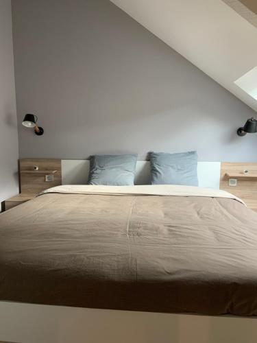 une chambre avec un grand lit avec des oreillers bleus dans l'établissement La Grande Suite Duplex- rue Vasselot - Calme - Standing five, à Rennes