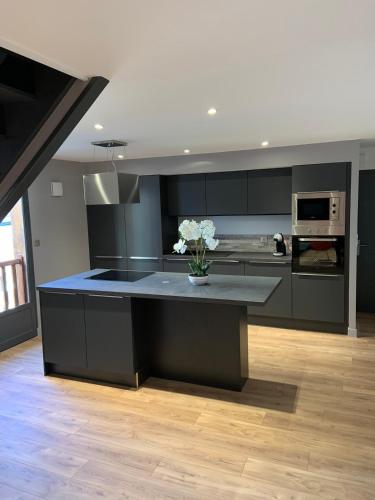 une cuisine avec une grande île ornée d'un vase de fleurs dans l'établissement La Grande Suite Duplex- rue Vasselot - Calme - Standing five, à Rennes