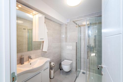 a bathroom with a toilet and a sink and a shower at Apartment ILUX-2 in Novigrad Dalmatia