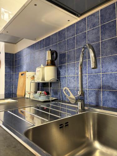 een keuken met een roestvrijstalen wastafel en blauwe tegels bij Acciuga in Genua