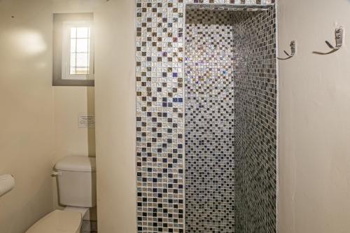 a bathroom with a shower with a toilet at 2 Coco Locos at Sunset in Seine Bight Village