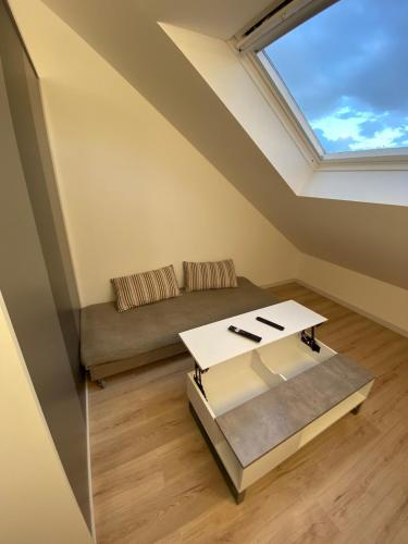 - un salon avec un canapé et une lucarne dans l'établissement La Suite 5 étoiles 30G rue Général Margueritte, à Rennes