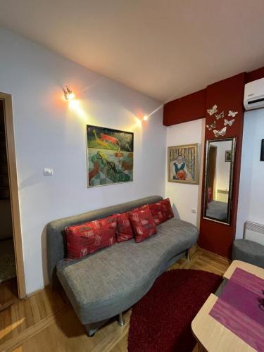 sala de estar con sofá y almohadas rojas en Dalijan Apartman, en Ohrid