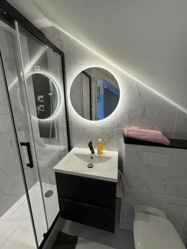 une salle de bain blanche avec un lavabo et une douche dans l'établissement 5-star La Suite - 30D rue Général Margueritte, à Rennes