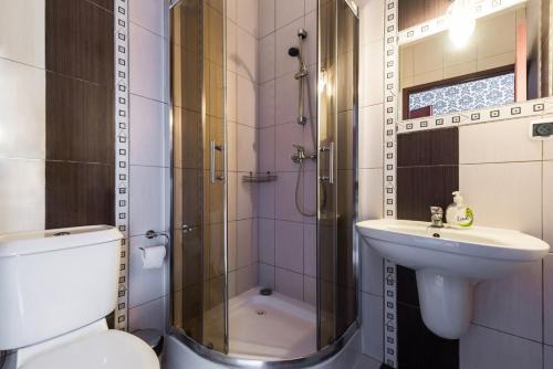 un bagno con doccia, lavandino e WC di Noclegi Komfort a Lublino