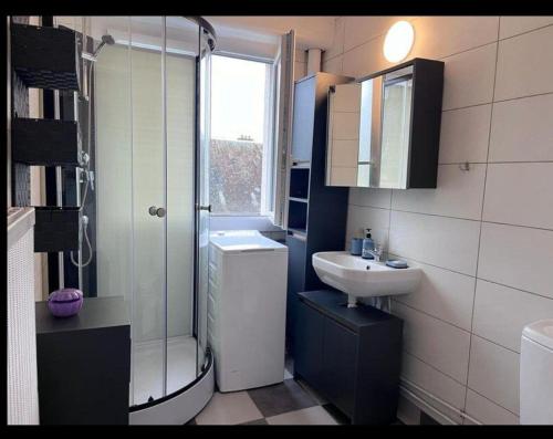 une salle de bain avec douche et lavabo dans l'établissement Charmant T2 a deux pas des Thermes, à Bagnoles-de-l'Orne
