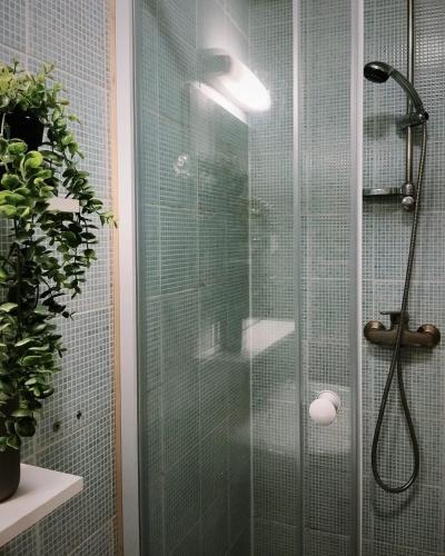 une douche avec une porte vitrée dans une salle de bain dans l'établissement Appartement au cœur du village de campan, à Campan