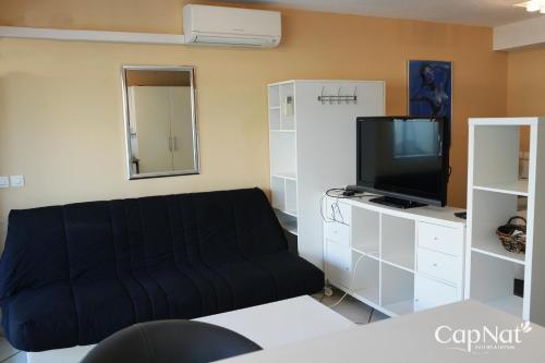 un salon avec un canapé et une télévision à écran plat dans l'établissement CapNat - Village Naturiste - Port Nature - Villa Dolce Vita, au Cap d'Agde