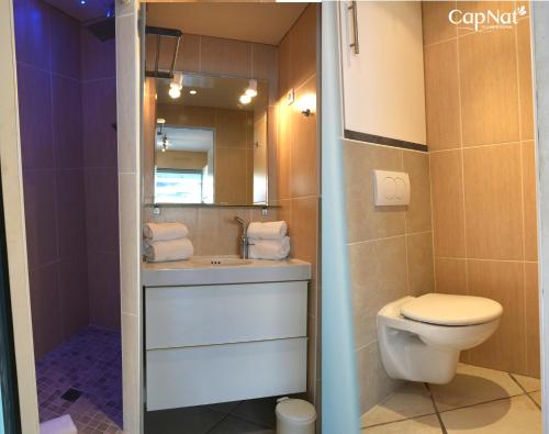 une salle de bain avec toilettes, lavabo et miroir dans l'établissement CapNat - Village Naturiste - Port Nature - Villa Dolce Vita, au Cap d'Agde