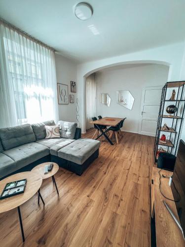 a living room with a couch and a table at Appartamento in villa antica a pochi passi dal lago in Minusio